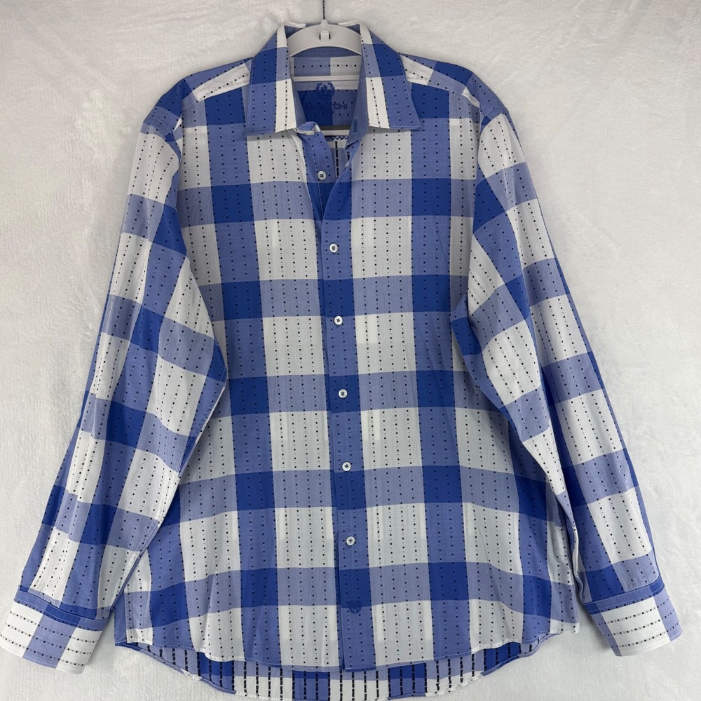 Bugatchi Uomo Mens Blue White Check Dotted Stripe Long Sleeve Button Down‎ Shirt